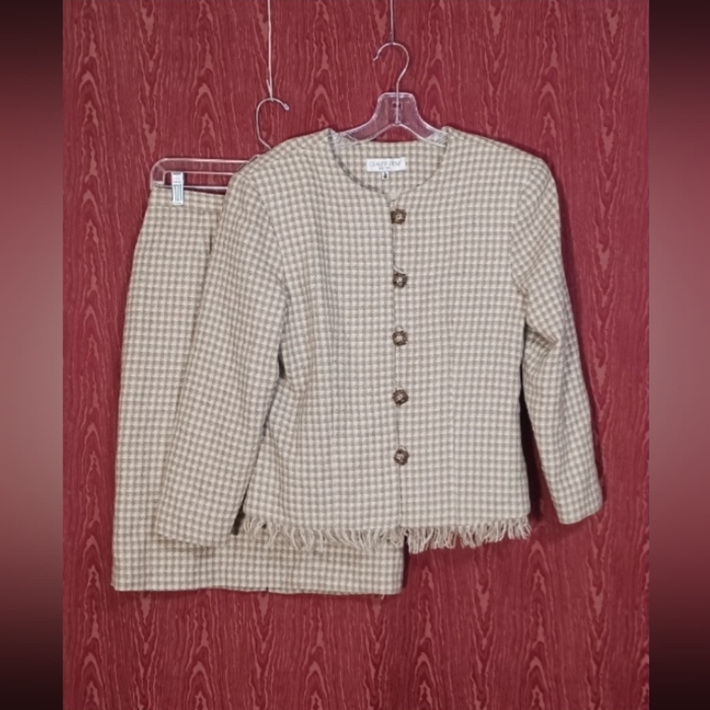 CLAUDE RENE 2 Piece Houndstooth Collarless Long Sleeve Button Skirt Women's Sz 6
